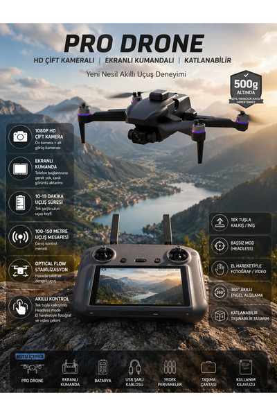 HMO Store Pro Drone HD Çift Kameralı | Ekranlı Kumanda | Katlanabilir | 500 G...