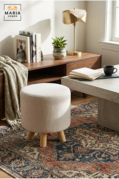 MARIA HOMES Modern Round Upholstered Ottoman with Wooden Legs, Compact Padded...