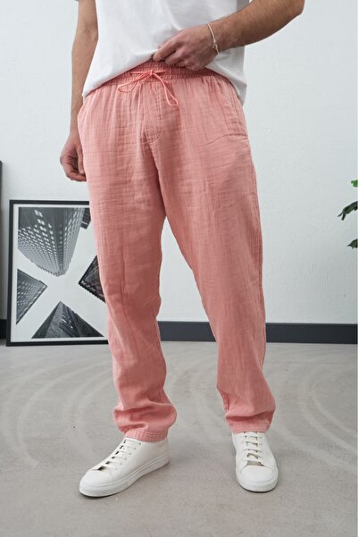 duo fideles Men's Linen Relaxed Fit Elastic Waist Lace-Up Trousers