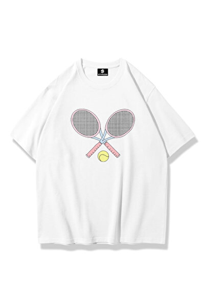 STYKEER Unisex Oversized T-Shirt "Tennis" Printed Loose Fit White T-Shirt