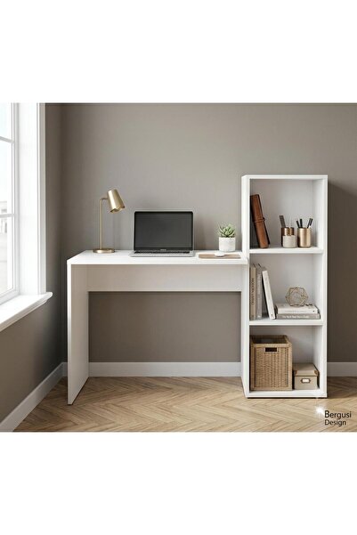 Bergusi Design Modern Çalışma Masası ve Raflı Kitaplık %100 MDF