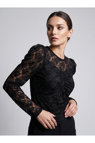 gökçesu Women's Long Sleeve Slim Fit Lace Blouse with Gathered Bust Detail