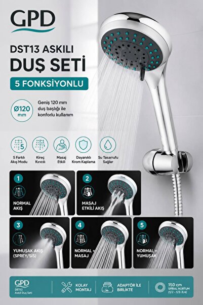 GPD DST13 Askılı Duş Seti 5 Fonksiyonlu Askılı Krom Duş Seti