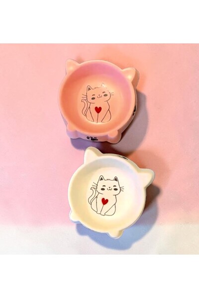 tureks pottery Porselen Mama Kabı 2'li - Desen:3 Pembe-Beyaz