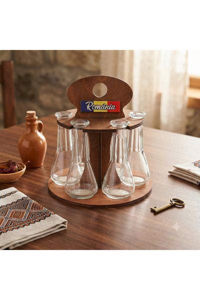LimArt Set 6 pahare toi pentru tuica 100 ml, cu suport decorativ din lemn Rom...
