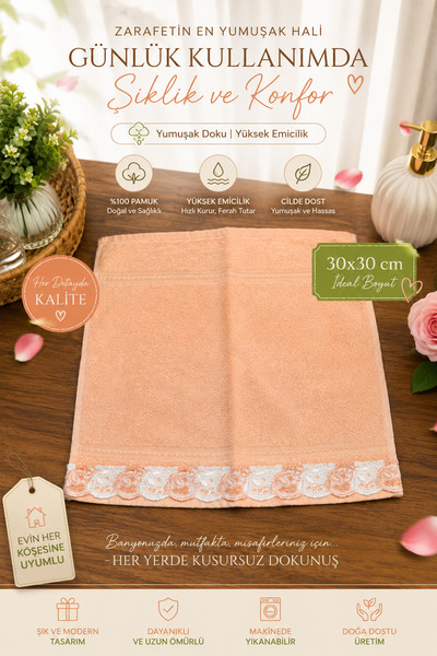 EastWest Trading Square Lace Detailed Faded Orange Hand and Face Towel 100% C...
