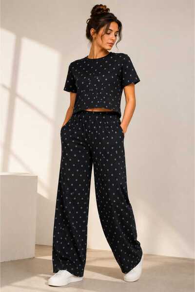 Benedetto New Season Modern 100% Cotton Polka Dot Crew Neck Wide Leg Women's Set
