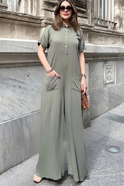 Moda4x4 Women's Clothing Khaki Hakim Collar, Short Sleeves, Front Pocket, Loo...