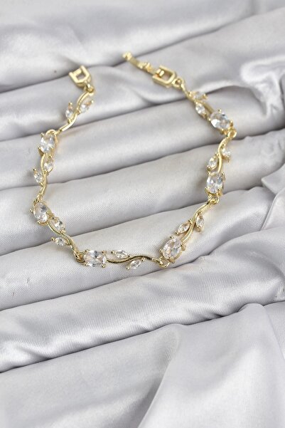 TakÇalıştır Brass Gold Color Zircon Stone Flower Model Women's Bracelet
