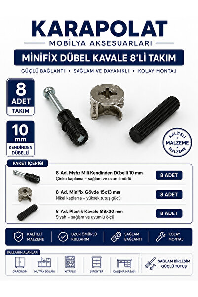 KARAPOLAT 10mm Kendinden Dübelli Minifix Dübel Kavale Takımı 8 Adet | Minifix...