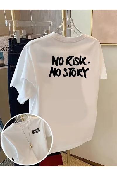 AEMİ Tricou unisex cu imprimeu No Risk No Story, supradimensionat, cu gât rotund