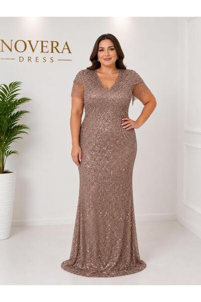 NOVERA DRESS Novera Vizon V Yaka Sallantılı Boncuk El İşlemeli Payetli Balık ...