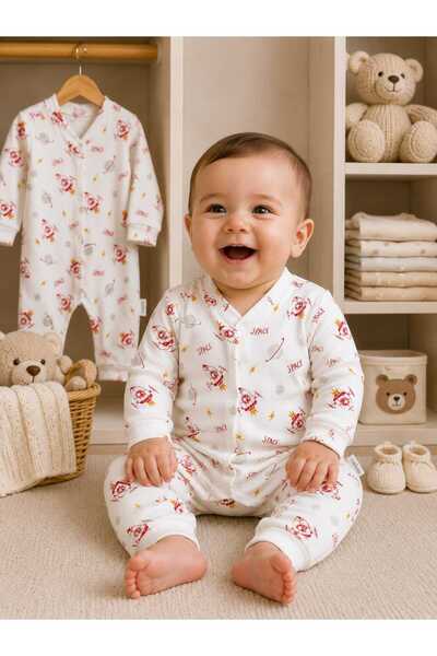 krm kerem bebe 100% Cotton Space Patterned Snap Fastener Baby Boy Ribbed Long...