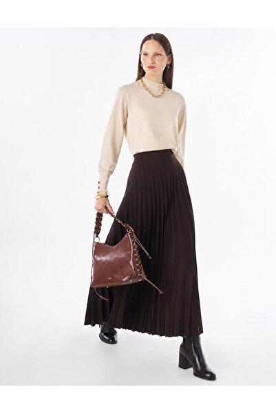 Kayra Basic Pleated Skirt Dark Brown