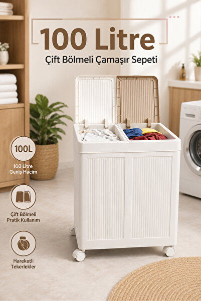Becklume 100 Litre İki Bölmeli Banyo Çamaşır Sepeti - Kirli Sepeti | Çift Hazneli 100 Litre Bej Tekerlekli Kirli Sepeti