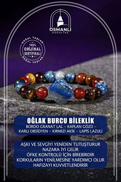 OSMANLI DOĞAL TAŞ Oğlak Burcu Bileklik Bordo Granat Lal, Kaplan Gözü, Karlı O...