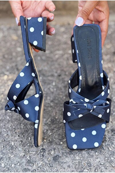 I Love Shoes İvena Navy Blue Polka Dot Satin Women's Heeled Slippers