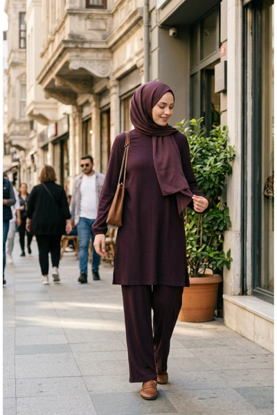 sefamerve Bürümcük Fabric Tunic Pants Hijab Double Set 0571-04 Plum
