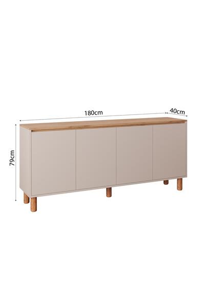 Bimossa H4120 Terra 180 cm Sepet-Kumtaşı Konsol Yüksek Ayaklı 4 Kapaklı, Modern Yemek Odası Depolama Dolabı