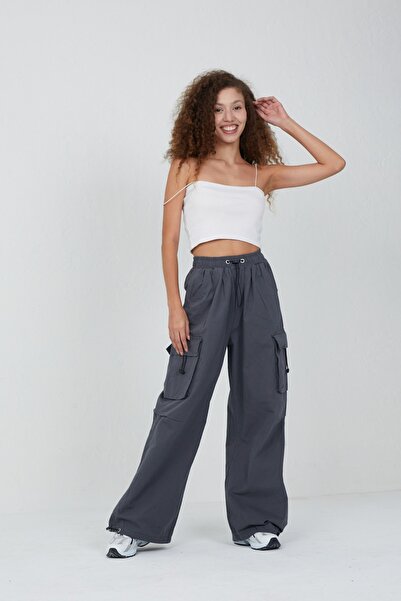 harmony factory Wide Leg High Waist Parachute Fabric Cargo Pants with Pockets