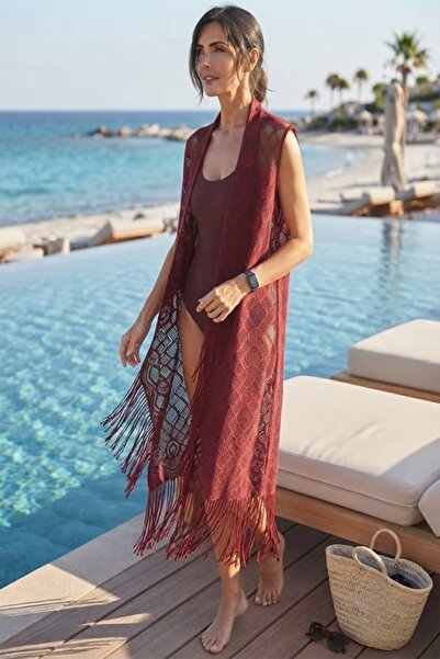 MaşuKa Dantel Detaylı Püsküllü Plaj Pareosu ve Kolsuz Kimono, Yelek Aksesuar