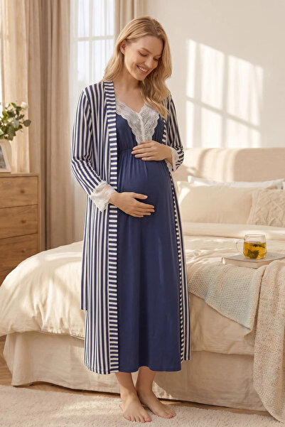 Rimel Homewear طقم ملابس نوم للحوامل مخطط باللون الأزرق الداكن مع دانتيل للنس...