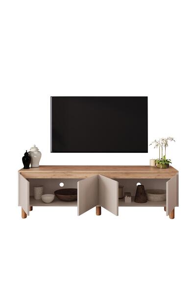 Bimossa D4120 Terra 180cm Sepet-Kumtaşı TV Ünitesi Yüksek Ayaklı 4 Kapaklı Televizyon Sehpası Depolama Dolap