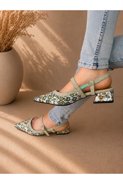 irmona Amore Green Linen Flower Patterned 3 cm Short Heel Strap Sandals Shoes