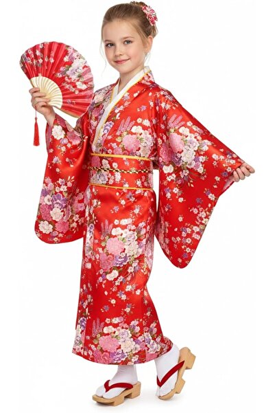 Funny Party Shop Costum Japonez Gheisa rosu cu flori pentru Fete – Kimono ros...