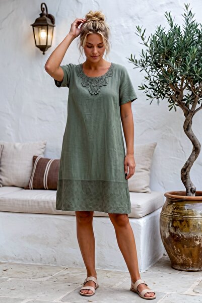Chiccy Khaki Lace Collar Short Sleeve Lined Skirt Embroidered Casual Cotton W...