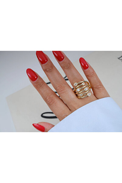 ATELİER TUĞBA Yzk609 Multi-Row Gold Adjustable Ring with Drop and Square Ston...