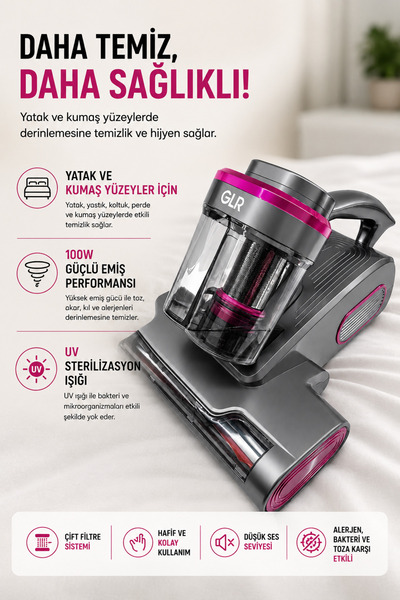 Coverzone Şarjlı UV Akar Temizleme Cihazı 100W Yatak Koltuk Süpürgesi Güçlü E...
