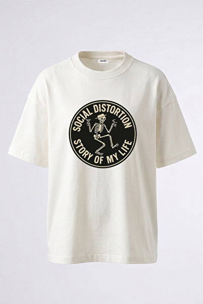 Anetos Social Distortion Design Printed Oversize White T-Shirt