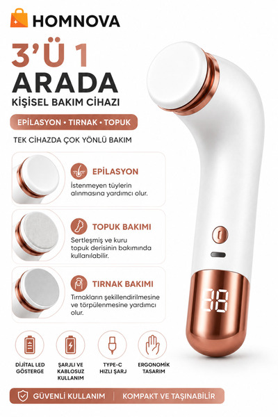 Homnova 3'ü 1 Arada Şarjlı Elektrikli Tırnak Törpüsü Topuk Törpüsü Epilatör K...