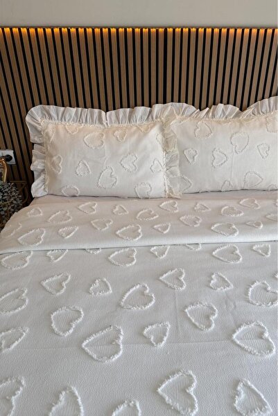 Çeyiz Diyarı Ruffle Pure Love 3 Parça Çift Kişilik Pike Takımı Krem