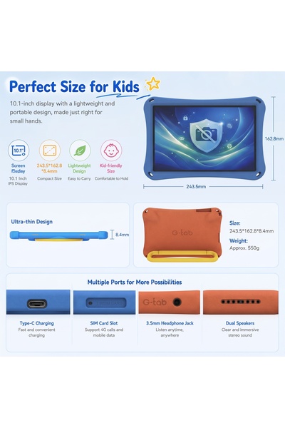 g-tab تابلت أطفال T14Kids 10.1 بوصة 4GB+128GB أندرويد 16 مع كفر حماية | Medina Shop
