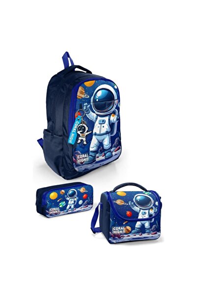 Coral High Navy Blue Astronaut Patterned 3-Piece School Bag Set 33252