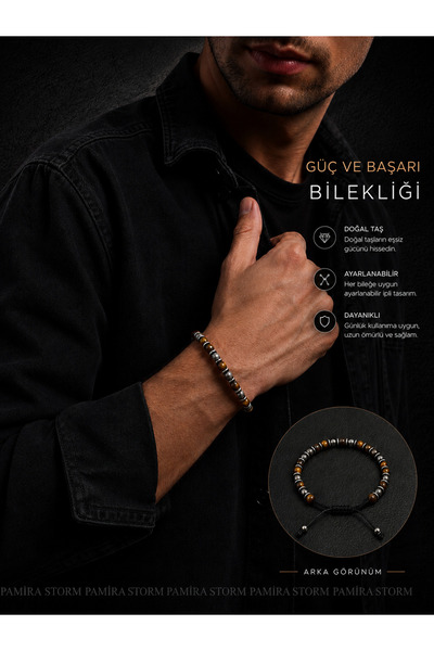 ERKEK GÜÇ VE BAŞARI BİLEKLİĞİ KAPLANGÖZÜ HEMATİT MAKROME BİLEKLİK