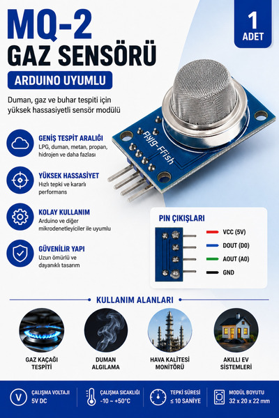 RoboPazar MQ-2 Geniş Spektrumlu Gaz ve Duman Sensörü Modülü – Arduino Uyumlu