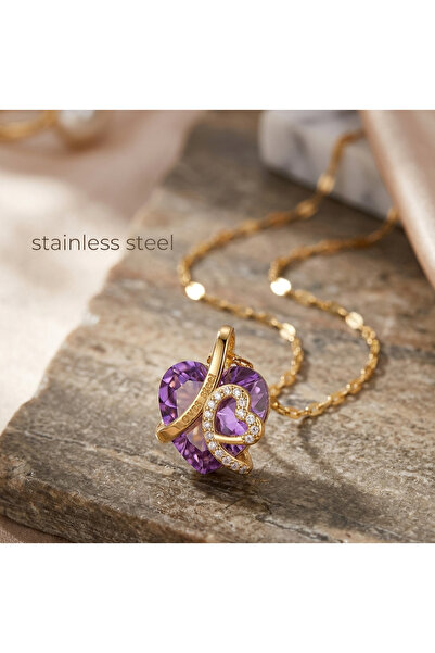 stainless steell 316L Steel Chain Gold Color Purple Heart Model Necklace