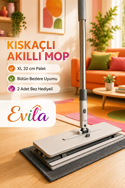 Evila Tüm Bezlerle Uyumlu Click Akıllı Mop Paleti XL 32 cm Kıskaçlı Mop Yedek...