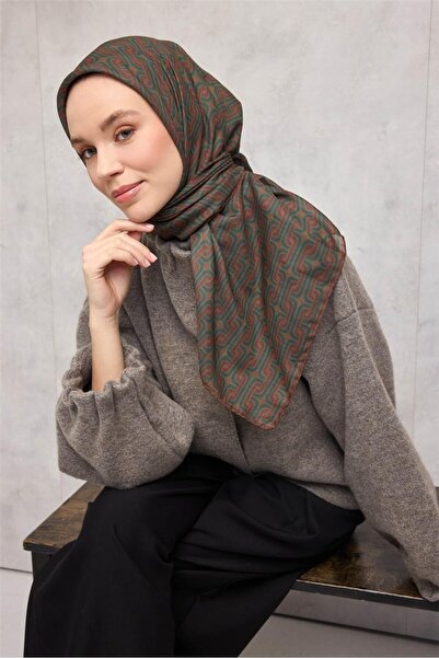 Silk Home Cotton Polyester Soft Scarf Geometric Pattern Tan 90X90