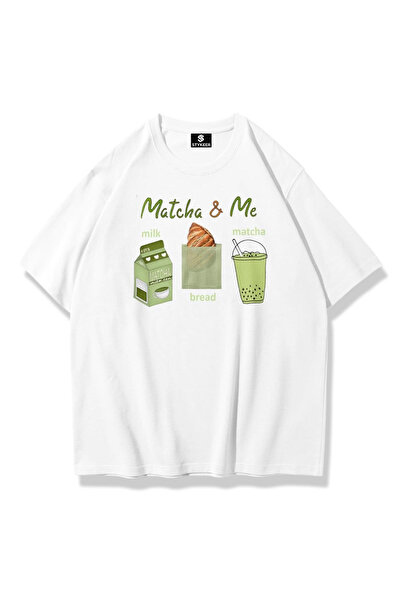 STYKEER تي شيرت للجنسين مقاس كبير مطبوع عليه "MATCHA" تي شيرت أبيض فضفاض