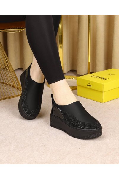 layki Polen Full Black High-Soled Shoes with Stone Details
