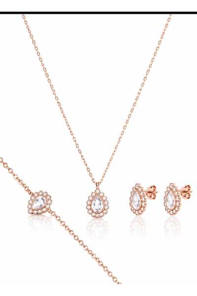byess 925 Ayar Gümüş Beyaz Taşlı Kolye Küpe Bileklik Damla Set