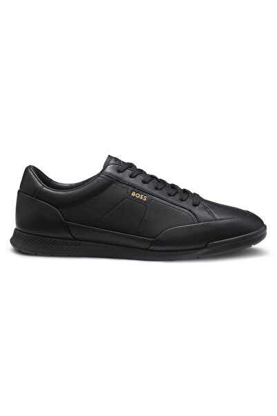 BOSS Men's Comfortable Sole Lace-Up Leather Flat Sole Black Sneaker