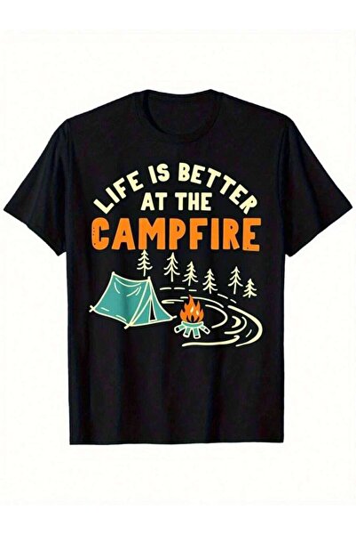 4Car تي شيرت بطبعة "Life Is Better At The Campfire" أسود بأكمام قصيرة للتخييم...