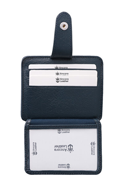 Ancora Leather Genuine Leather Card Holder with Snap Fastener and Money Compartment - Navy Blue - 26209