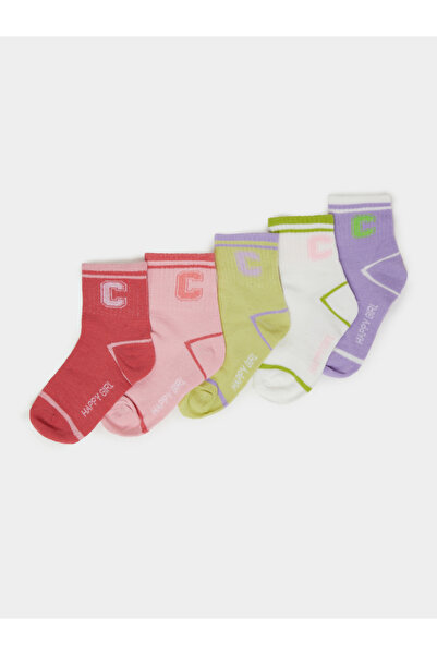 Styli Pack of 5 - Girls Letter Detail Cotton Blend Socks