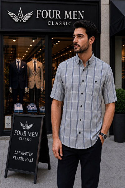 Beyome Erkek %100 Cotton Kareli Kısa Kollu Cepli Gömlek Rahat Kalıp Yazlık S-5XL